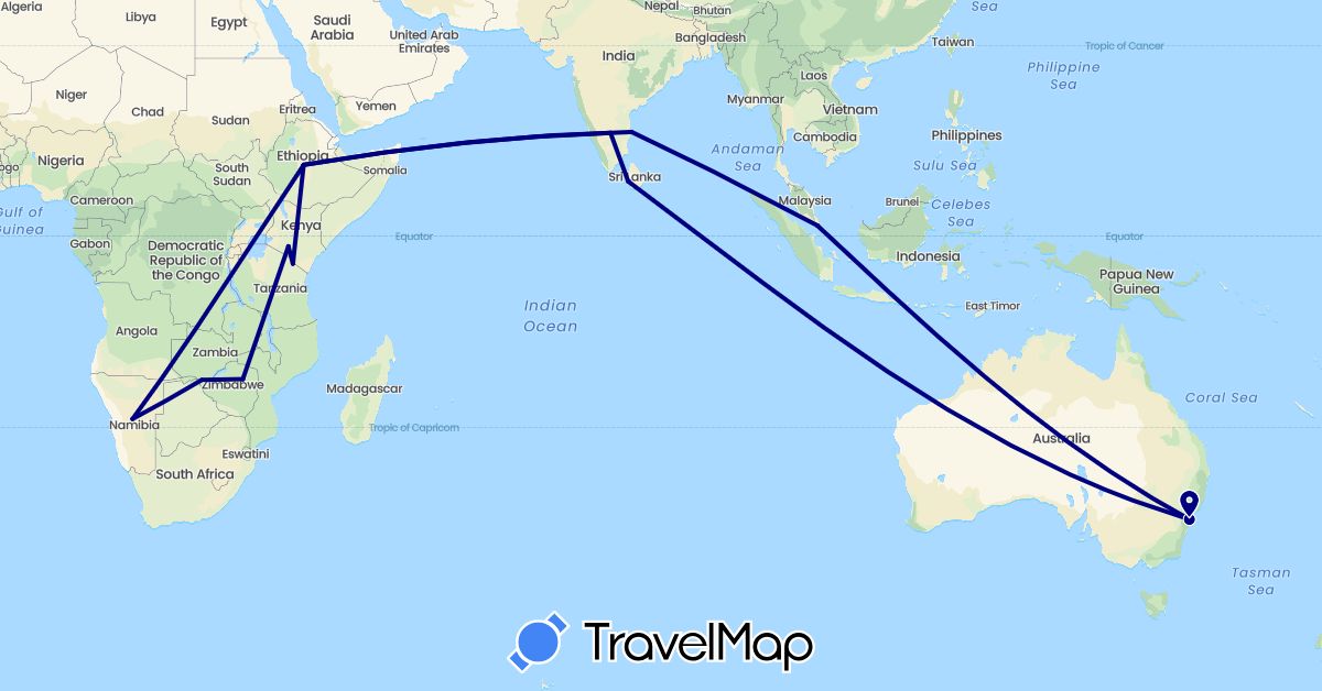TravelMap itinerary: driving in Australia, Ethiopia, India, Kenya, Sri Lanka, Namibia, Singapore, Tanzania, Zimbabwe (Africa, Asia, Oceania)